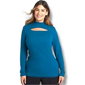 LANE BRYANT Mock Neck Cut-Out Blouse | Women’s 14/16 | Dark Teal Blue | NWT